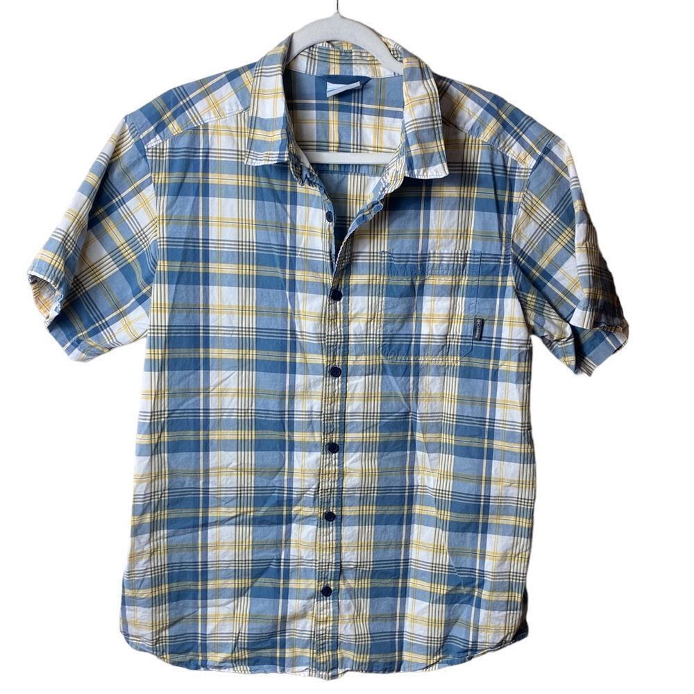 Columbia Mens Sz Lrg Yellow White Blue Plaid Cotton Casual Button Up Shirt